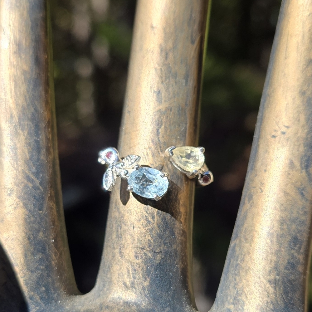Blue Topaz Citrine Rhodalite Natural Gemstone Sterling White Gold Ring Sz8.5 - Picture 5 of 10